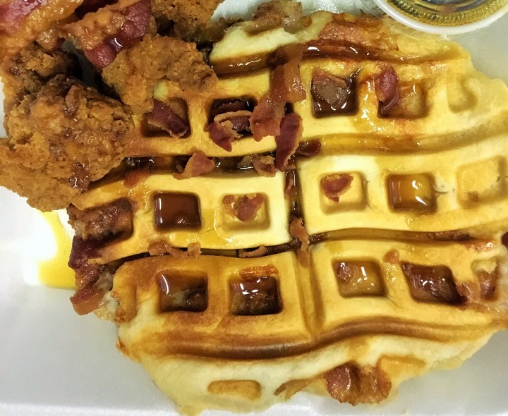 Chicken and Waffles... buttermilk biscuits in a waffle iron.