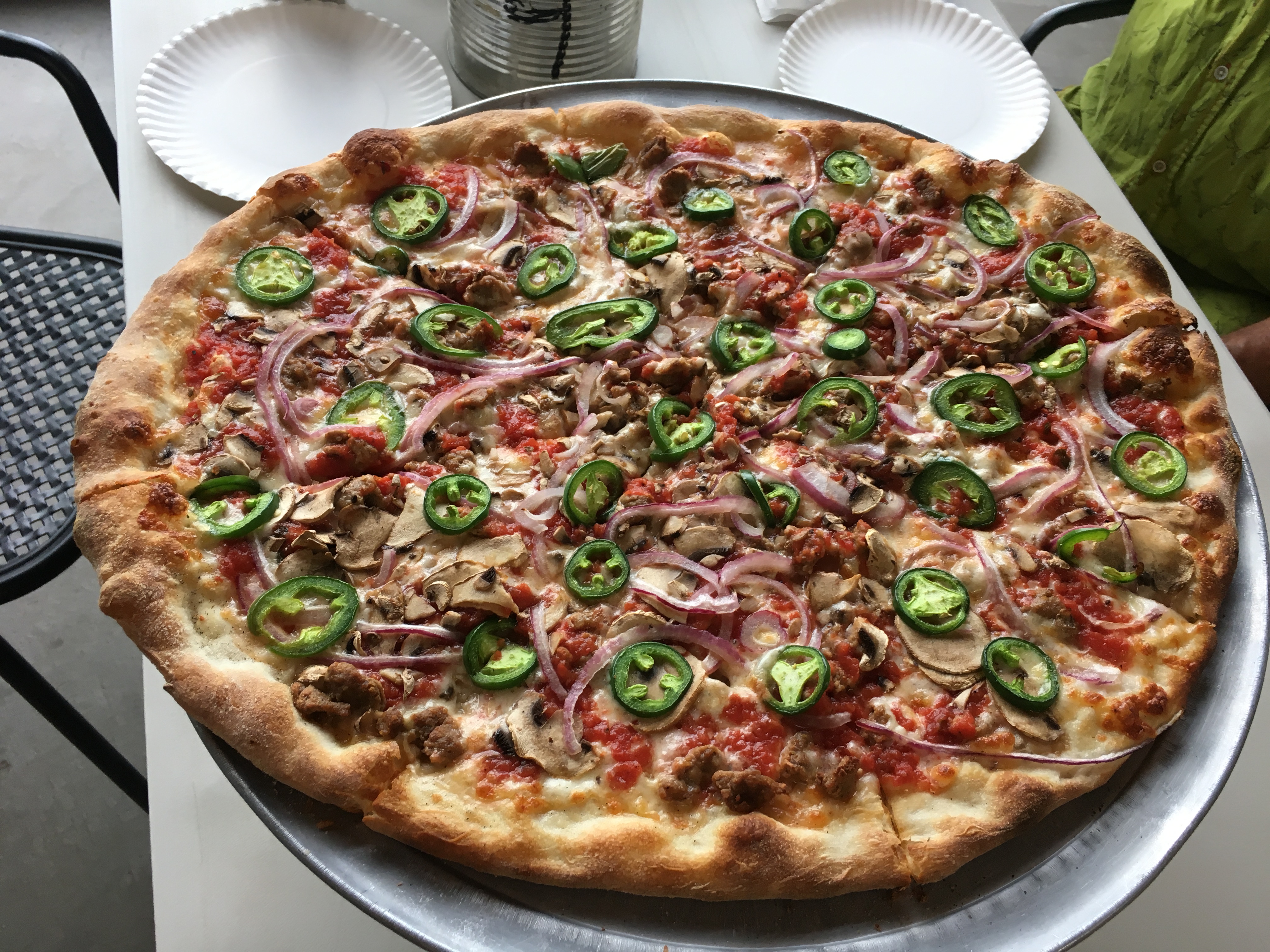 Our pizza - I get in trouble for sneaking jalapenos into the order when he wasn't listening. Next time, I'll just put them on MY half.