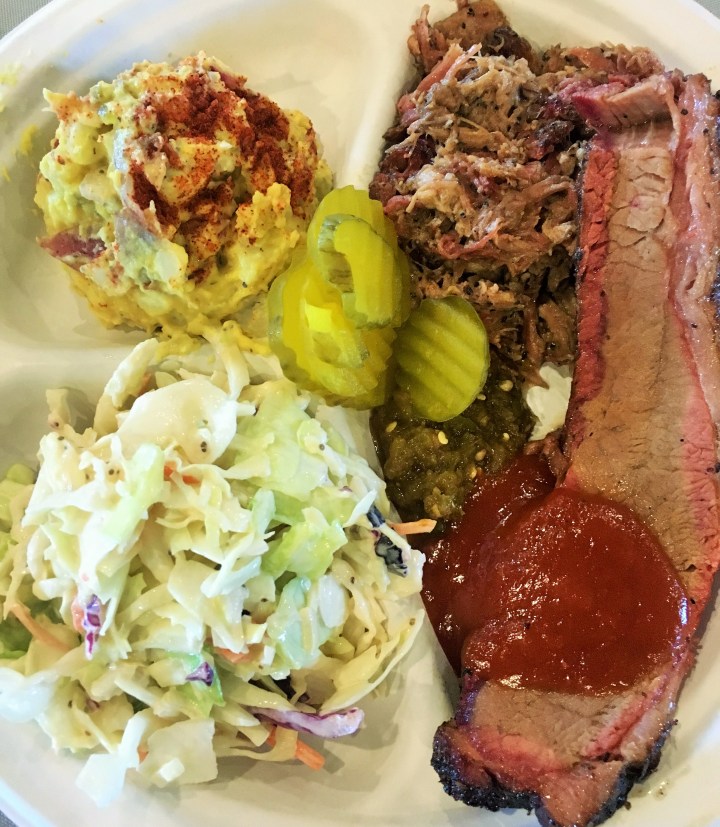 My plate of barbecue with brisket, pulled pork, coleslaw and potato salad.