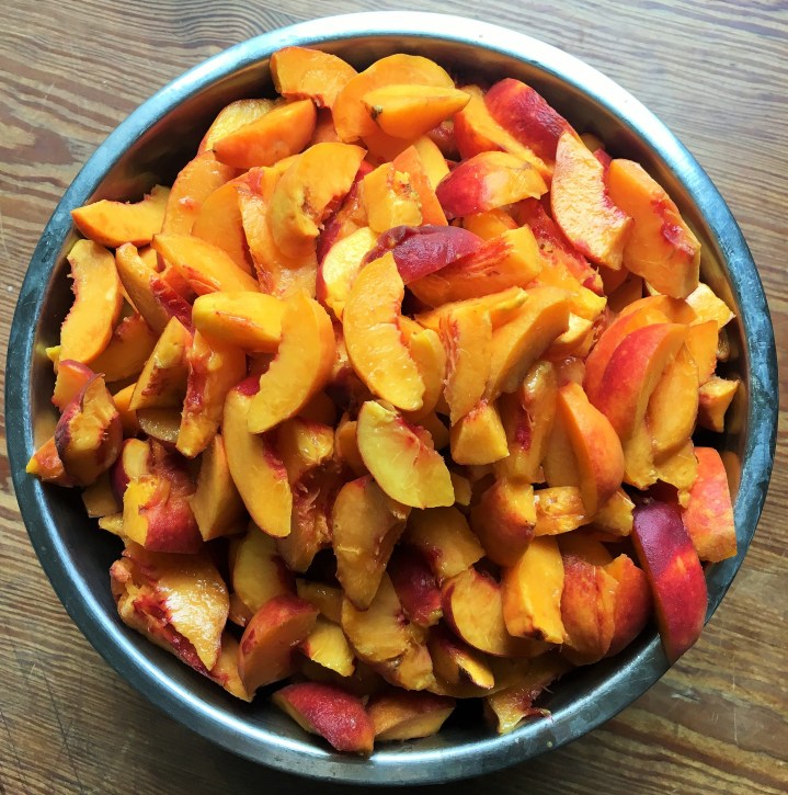 Five pounds of peaches, ready to vaccuum seal and freeze for later enjoyment.