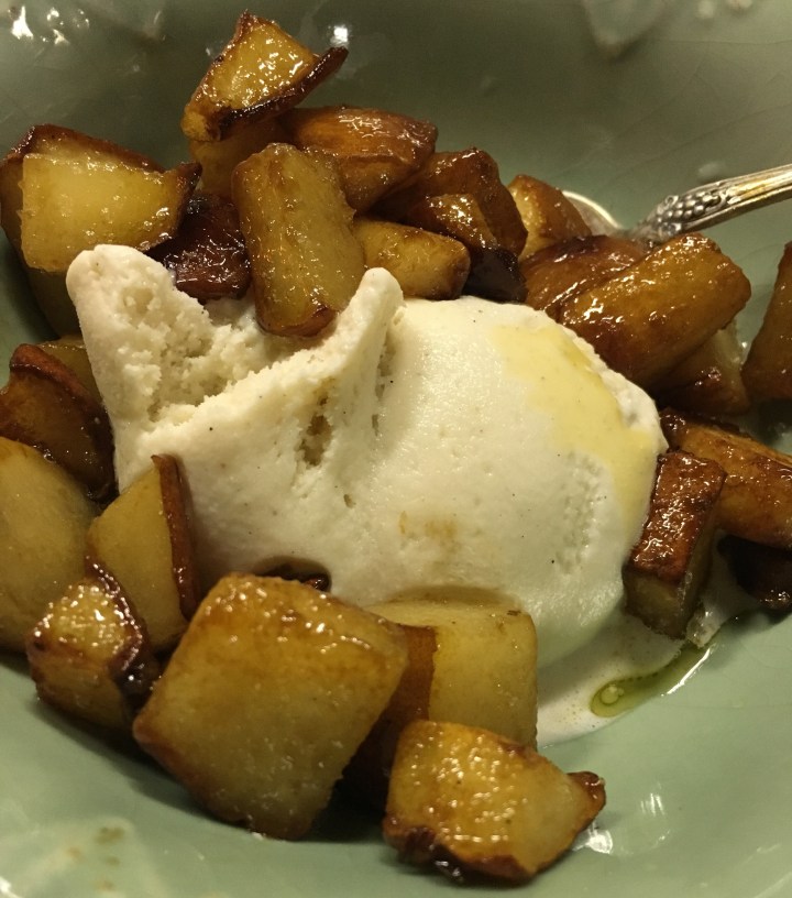 Caramelized pears with vanilla ice cream.