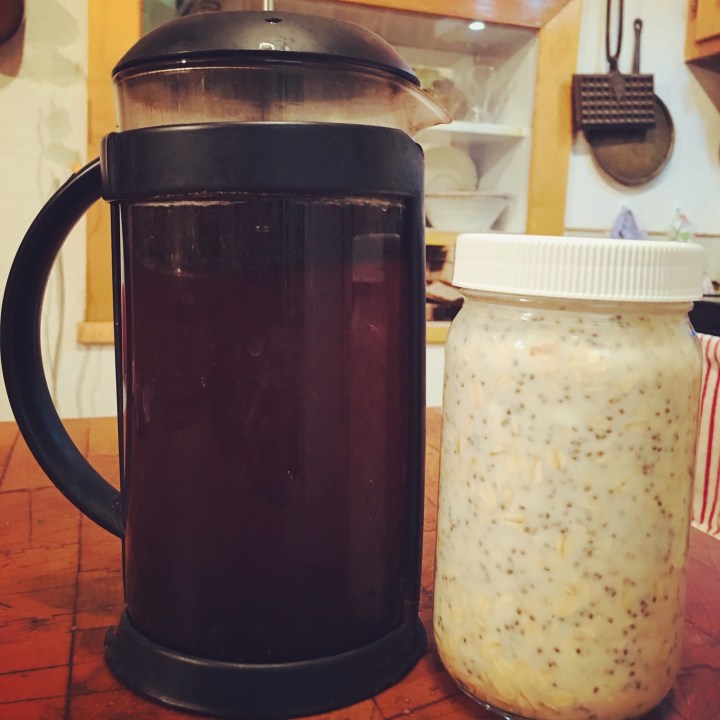 Prepping cold brew coffee in the French press and a jar of overnight oats before bed makes for an easy, healthy start to the next day.