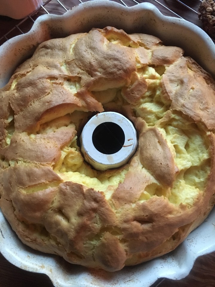 The cooling cake shrunk several inches below the top of the Bundt pan.