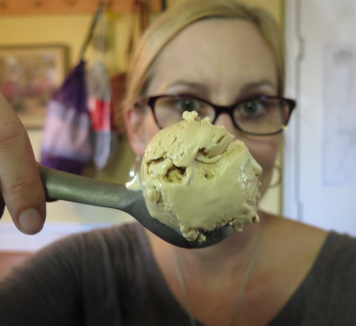 A scoop of homemade coffee ice cream..