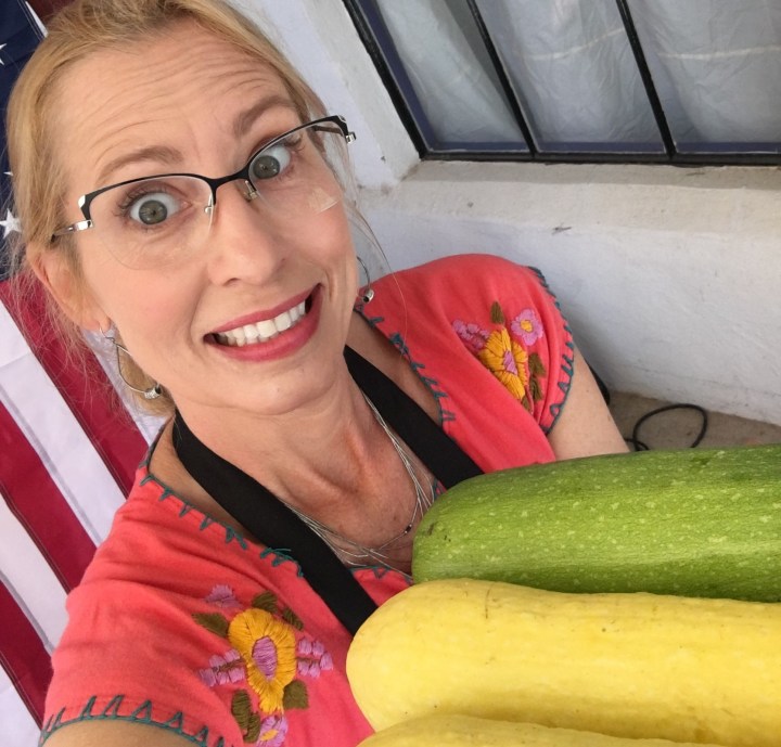 Beware when holding freshly picked squash - they might have teeny little pokey stickers jabbing your hands while you try to take a selfie with them.
